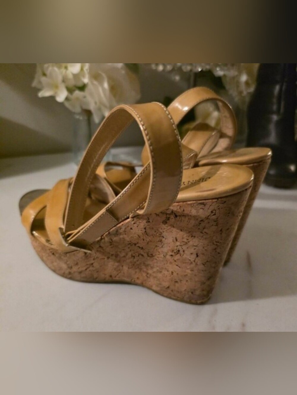 Jimmy Choo Tan Patent Leather Cork Wedge Sandals